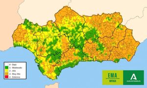 Mapa de Andalucía, en el que se aprecia el índice de riesgo de incendio que presentan las distintas comarcas al arranque de este mes de julio.